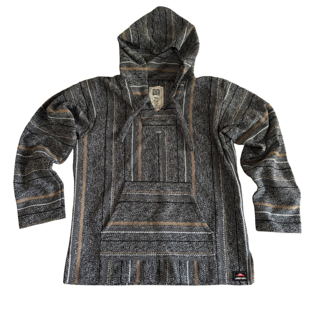 Senor Lopez‎ Baja Small Grey Striped Recycled Mexican Poncho Pullover Hoodie